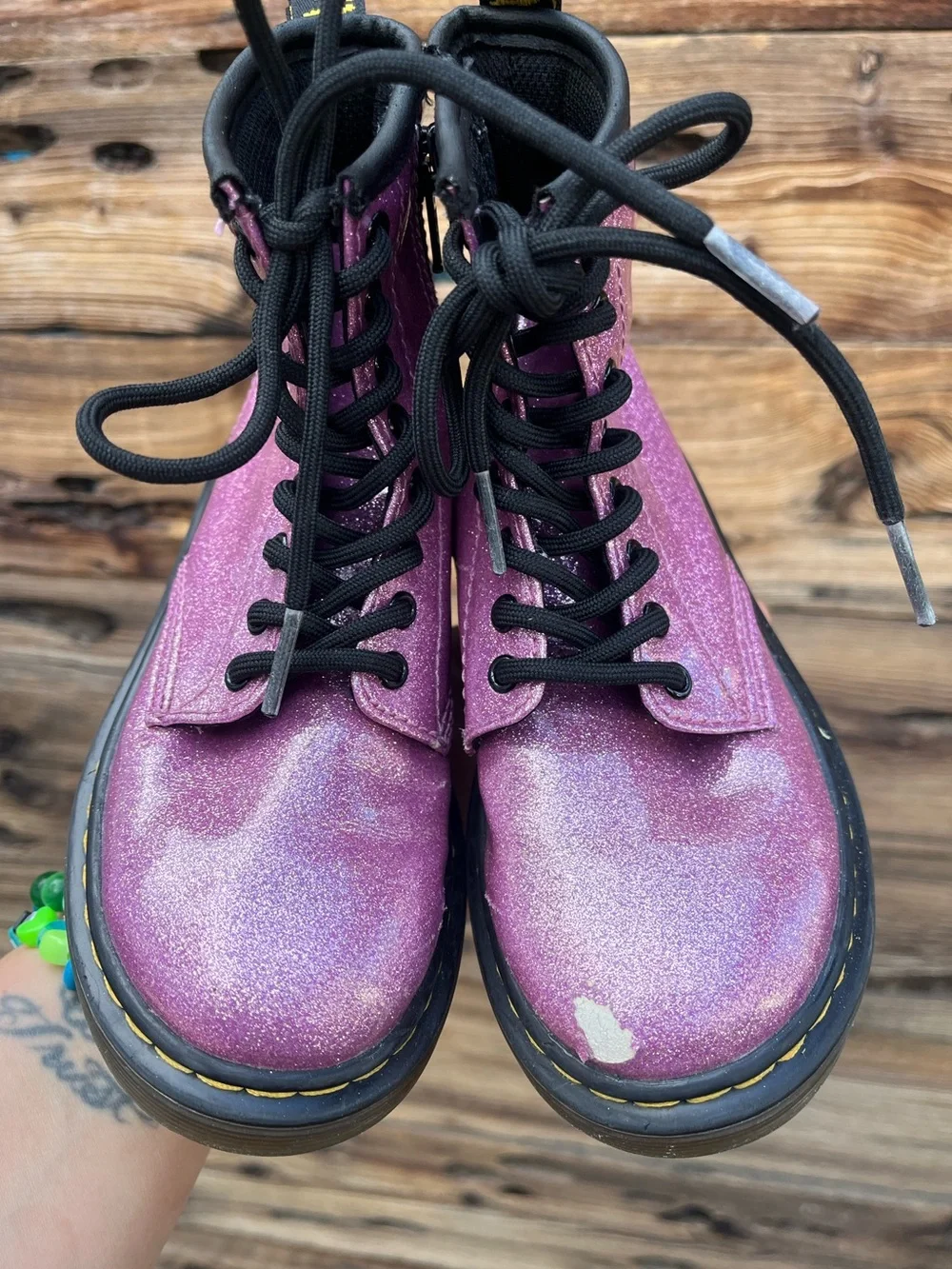 DR.MARTENS | Sparkle Pink Combat Boots with Black Laces 11